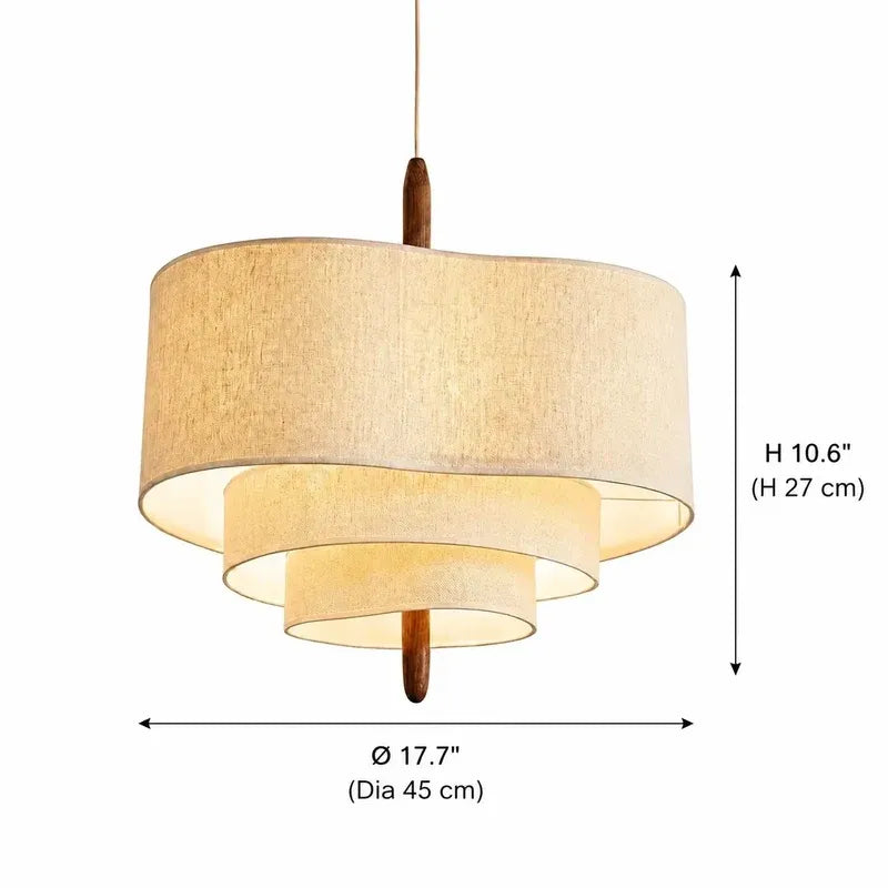 Modern Sculptural Layered Fabric Drum Pendant Light with Walnut Detail