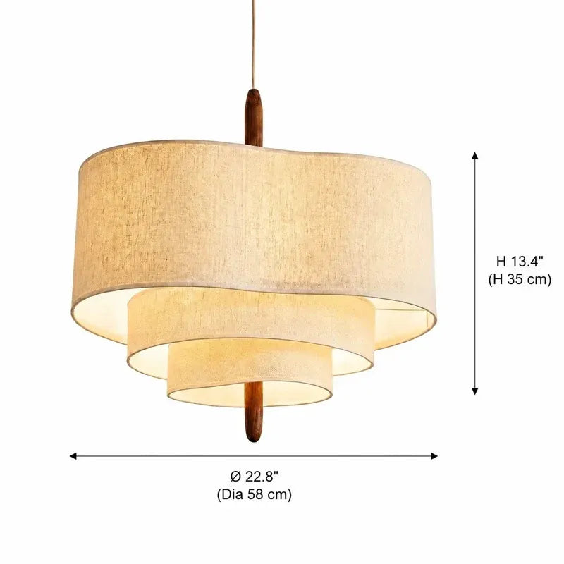 Modern Sculptural Layered Fabric Drum Pendant Light with Walnut Detail