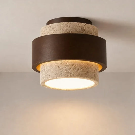 Wabi‑Sabi Wood Travertine Cylinder Ceiling Light