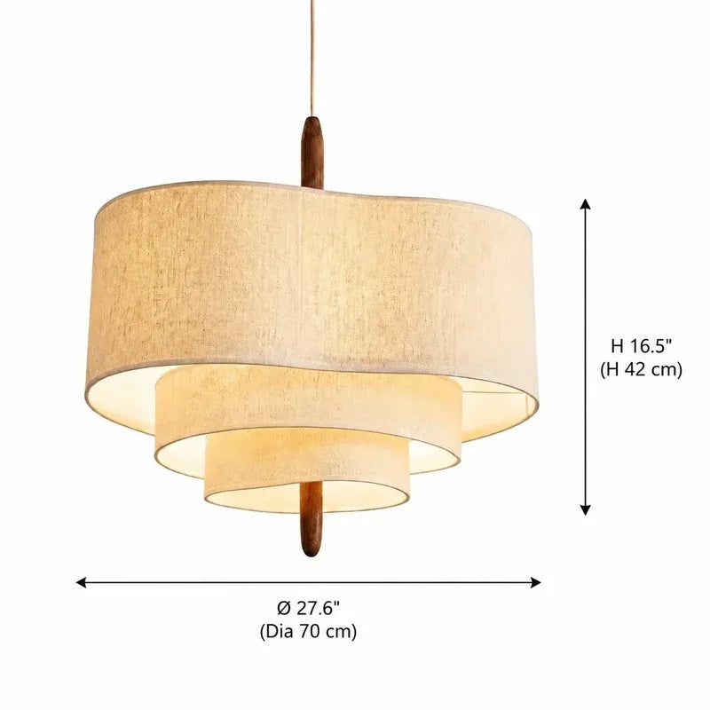 Modern Sculptural Layered Fabric Drum Pendant Light with Walnut Detail