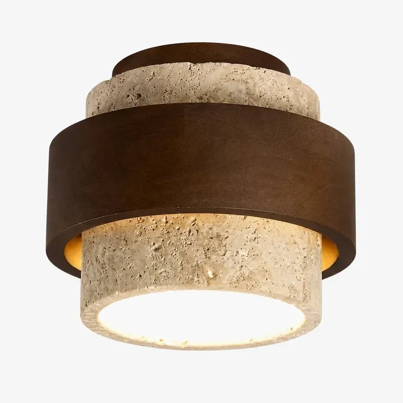 Wabi‑Sabi Wood Travertine Cylinder Ceiling Light