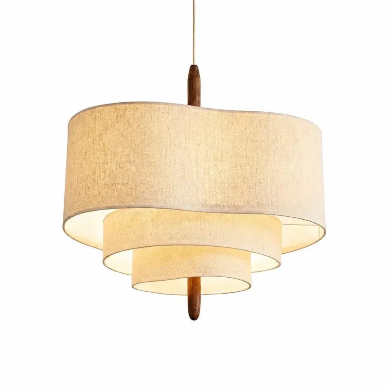 Modern Sculptural Layered Fabric Drum Pendant Light with Walnut Detail