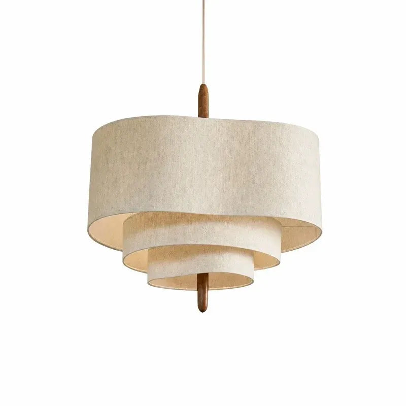 Modern Sculptural Layered Fabric Drum Pendant Light with Walnut Detail