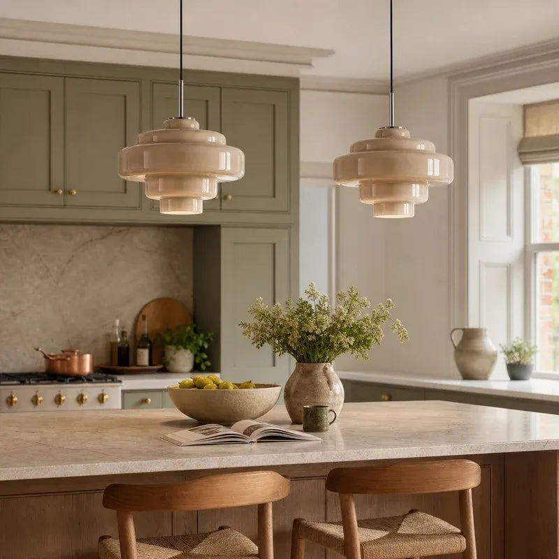 Mid Century Modern Bauhaus Handblown Tiered Glass Pendant Light