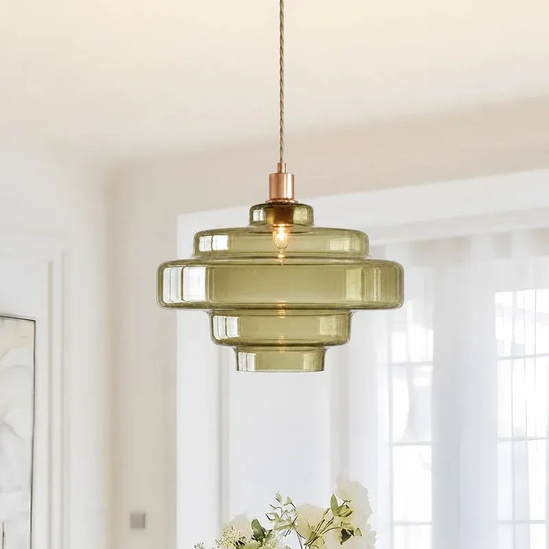 Mid Century Modern Bauhaus Handblown Tiered Glass Pendant Light