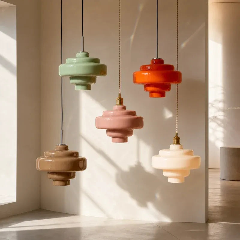 Mid Century Modern Bauhaus Handblown Tiered Glass Pendant Light