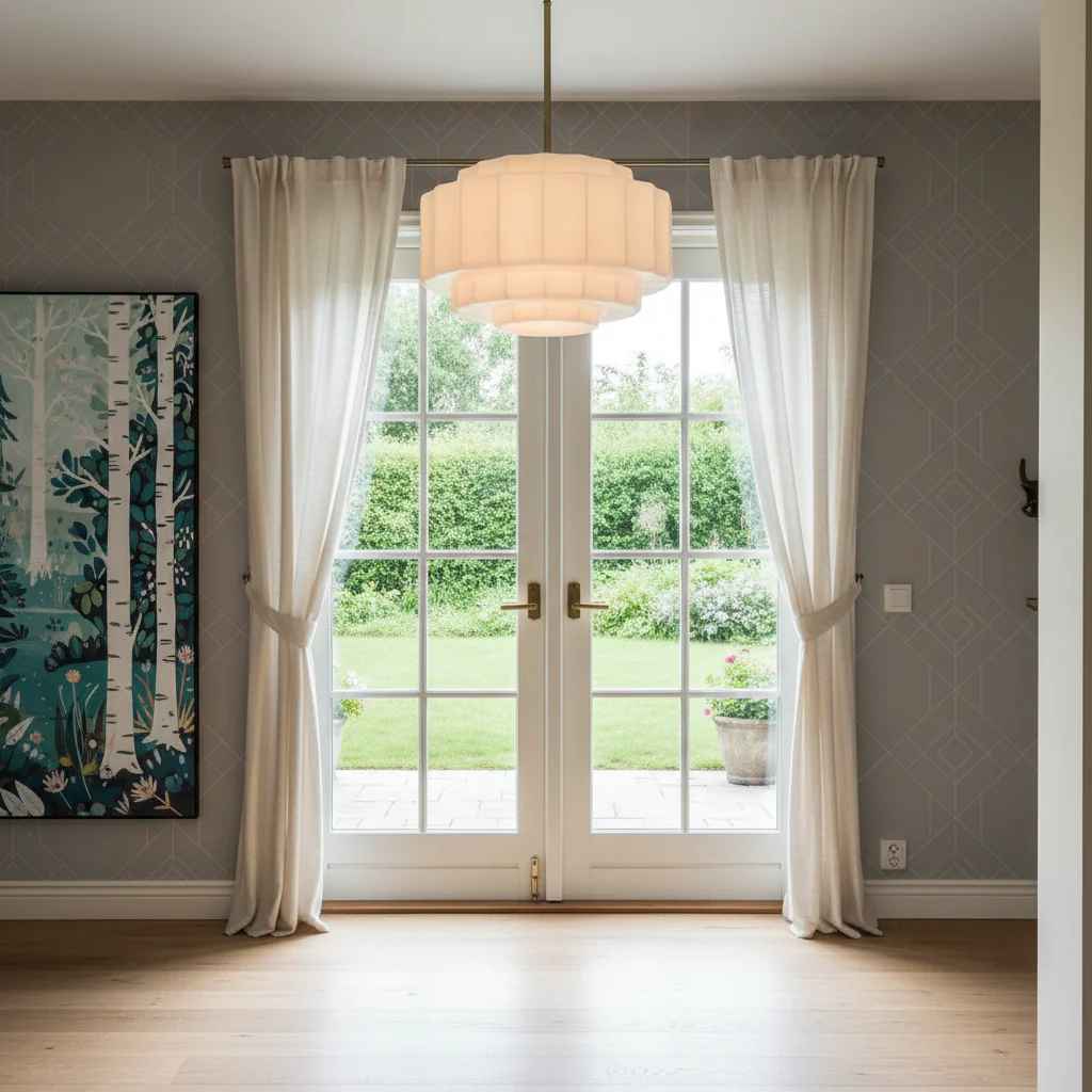 Living room with white curtains, a chandelier, and a painting of trees.