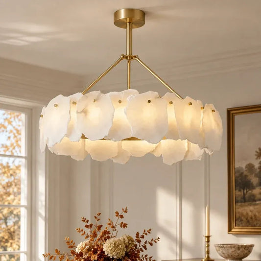Contemporary Luxury Sculptural White Layered Alabaster Chandelier