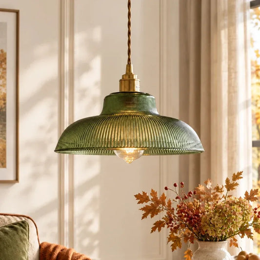 Vintage Green Ribbed Glass Kitchen Island Pendant Light