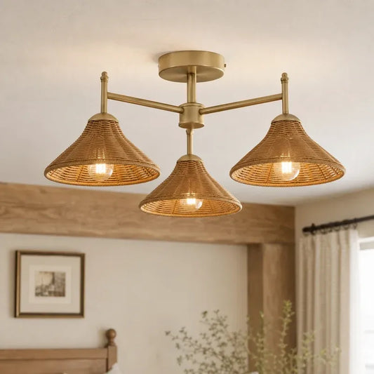 Farmhouse Boho Rattan 3 Light Semi-Flush Ceiling Light for Dining Room & Living Room