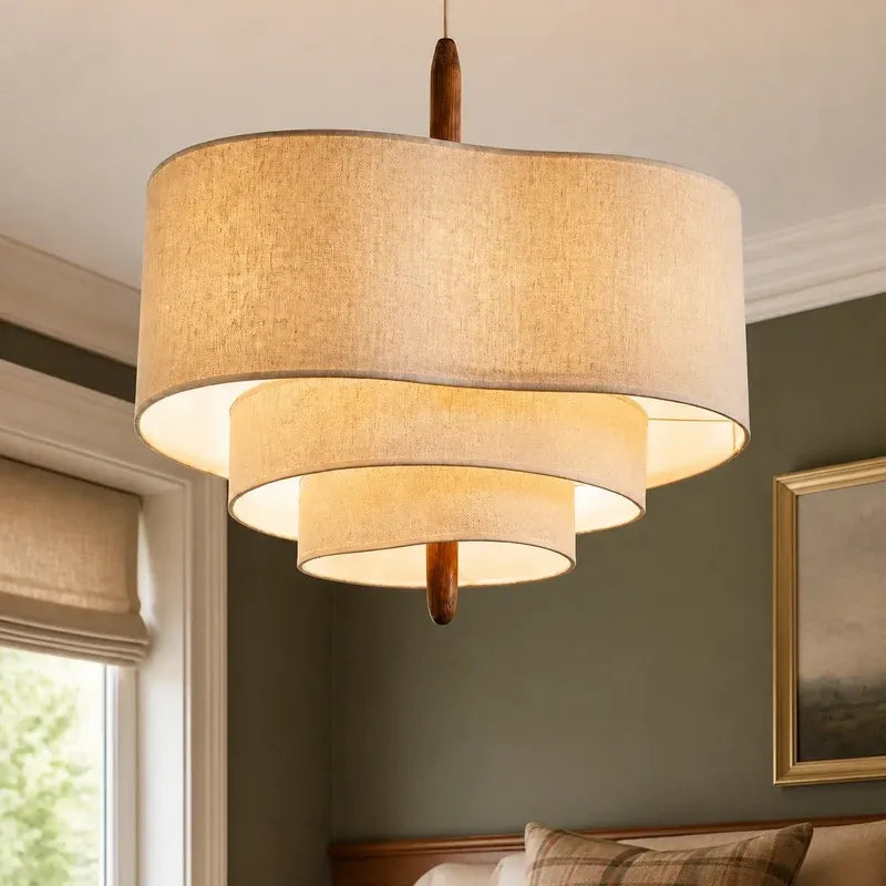 Modern Sculptural Layered Fabric Drum Pendant Light with Walnut Detail