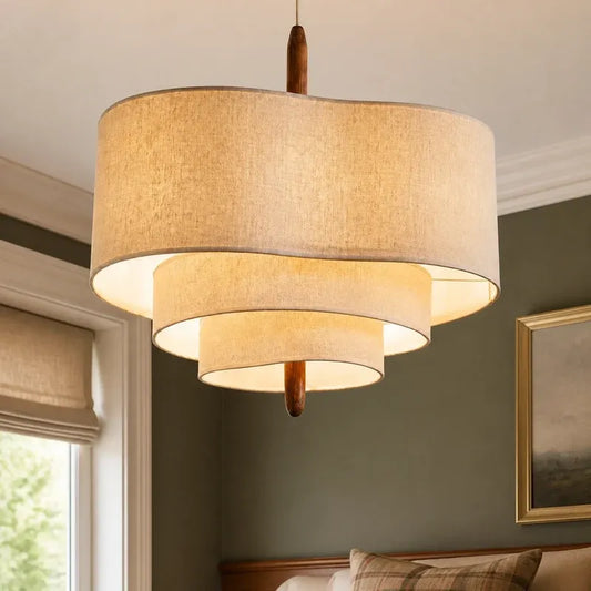 Modern Sculptural Layered Fabric Drum Pendant Light with Walnut Detail