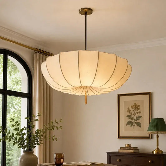 Modern Vintage Art Deco-Inspired Ivory Fabric Pendant Light