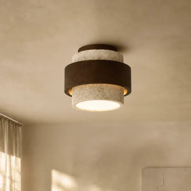 Wabi‑Sabi Wood Travertine Cylinder Ceiling Light