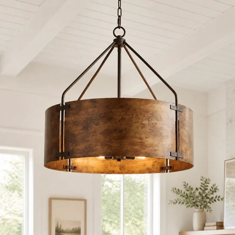 Industrial Farmhouse Bronze Drum Shade Pendant Light