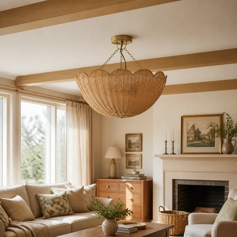 Farmhouse Boho Metal Rattan Ceiling Light