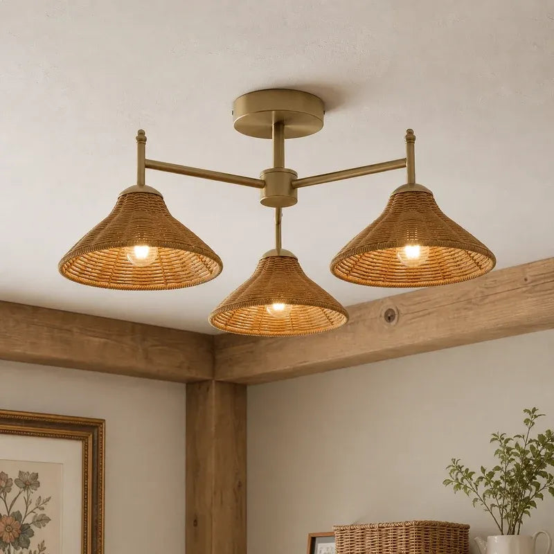 Farmhouse Boho Rattan 3 Light Semi-Flush Ceiling Light for Dining Room & Living Room