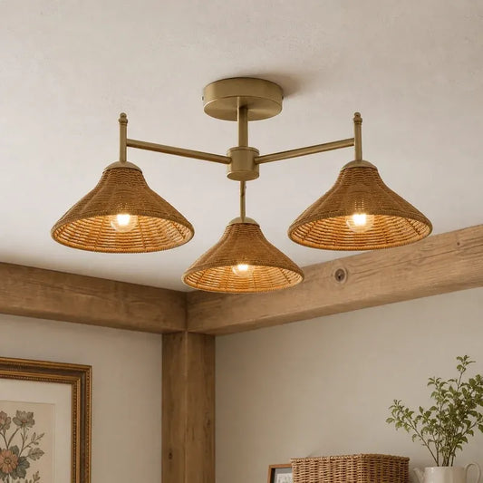 Farmhouse Boho Rattan 3 Light Semi-Flush Ceiling Light for Dining Room & Living Room