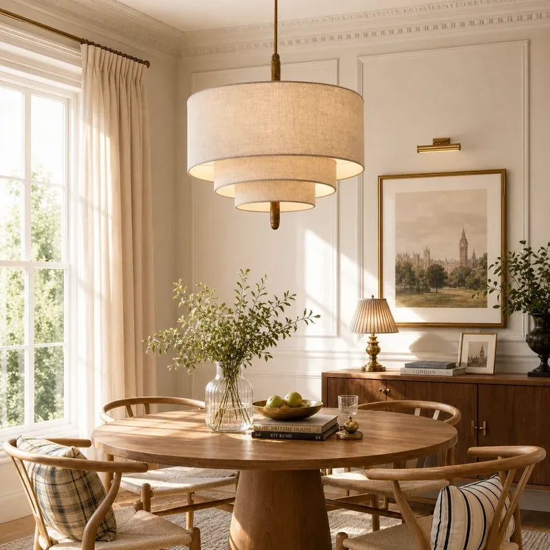 Modern Sculptural Layered Fabric Drum Pendant Light with Walnut Detail