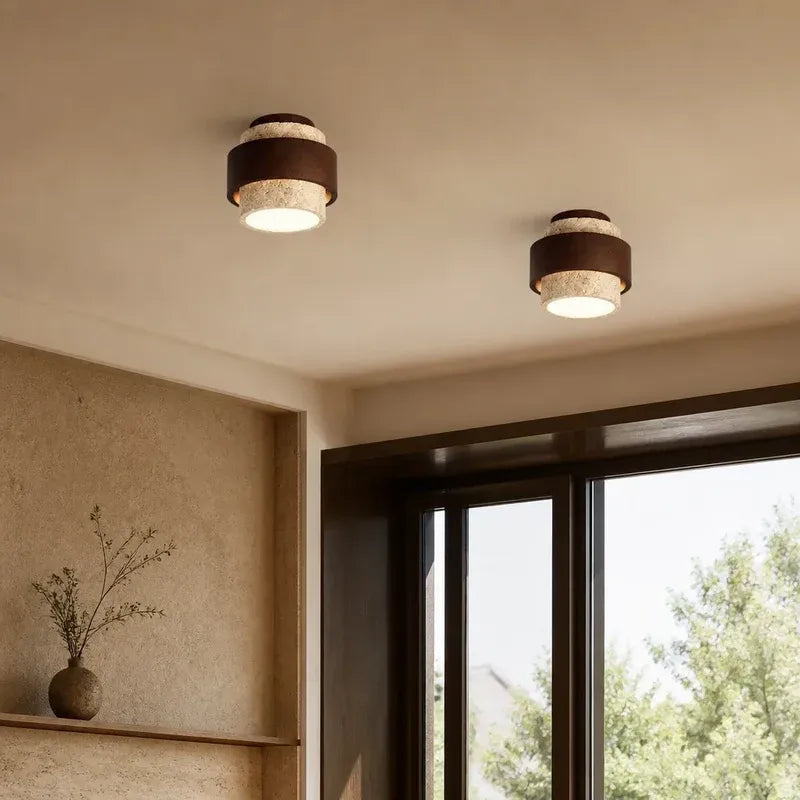 Wabi‑Sabi Wood Travertine Cylinder Ceiling Light