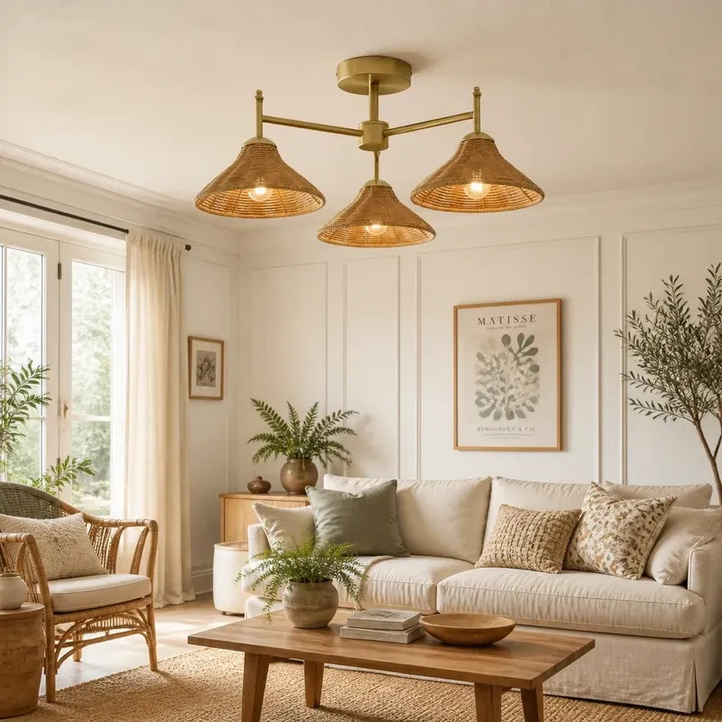 Farmhouse Boho Rattan 3 Light Semi-Flush Ceiling Light for Dining Room & Living Room