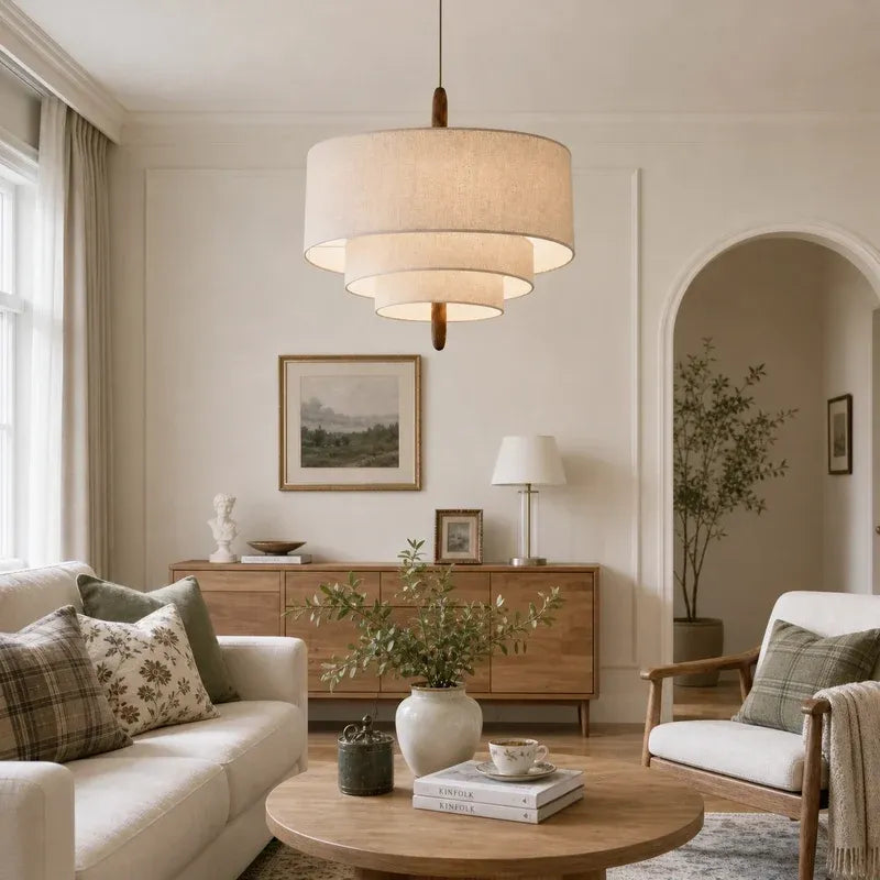 Modern Sculptural Layered Fabric Drum Pendant Light with Walnut Detail