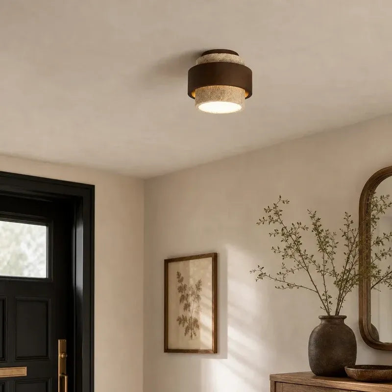 Wabi‑Sabi Wood Travertine Cylinder Ceiling Light