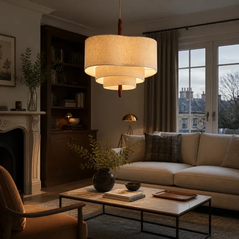 Modern Sculptural Layered Fabric Drum Pendant Light with Walnut Detail