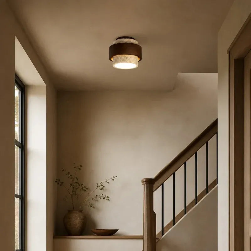 Wabi‑Sabi Wood Travertine Cylinder Ceiling Light