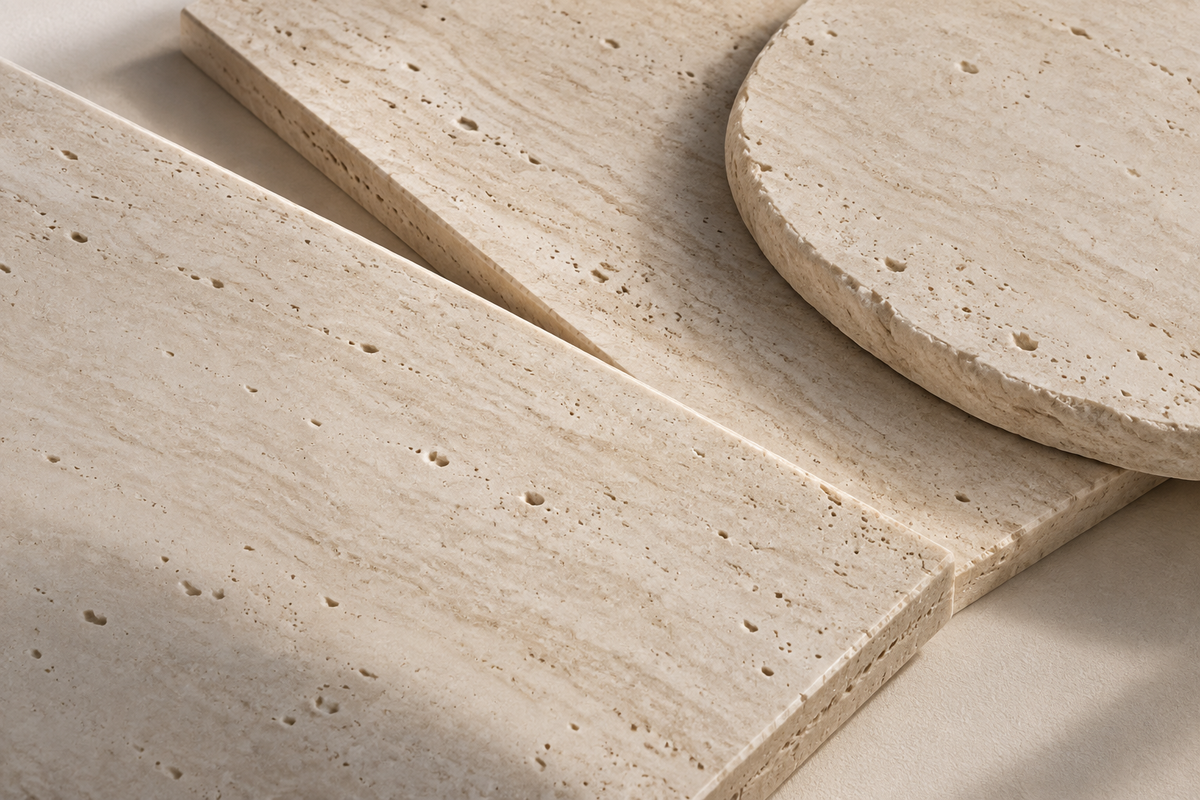 Travertine and walnut cylinder pendant lights above a kitchen island