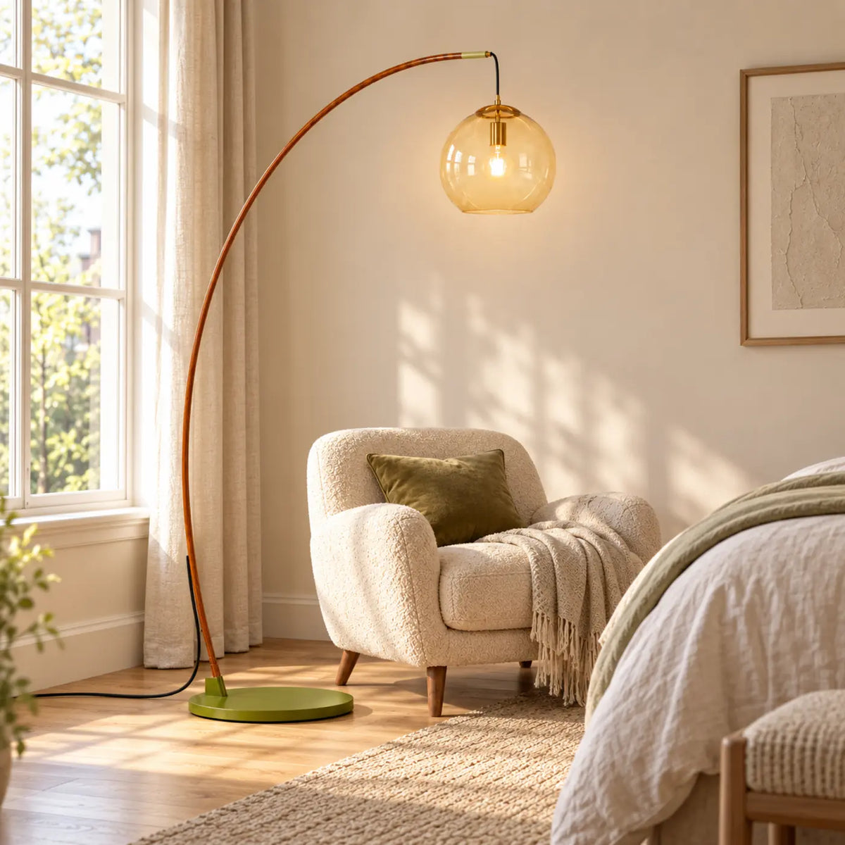 Modern amber glass floor lamp in a calm bedroom reading corner