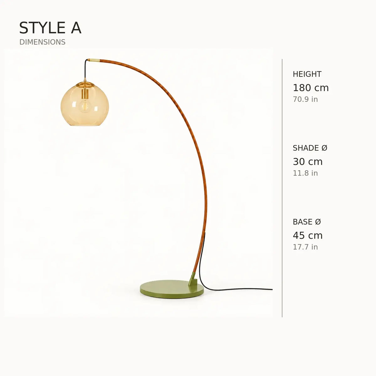 Style A arc floor lamp dimensions in centimetres and inches