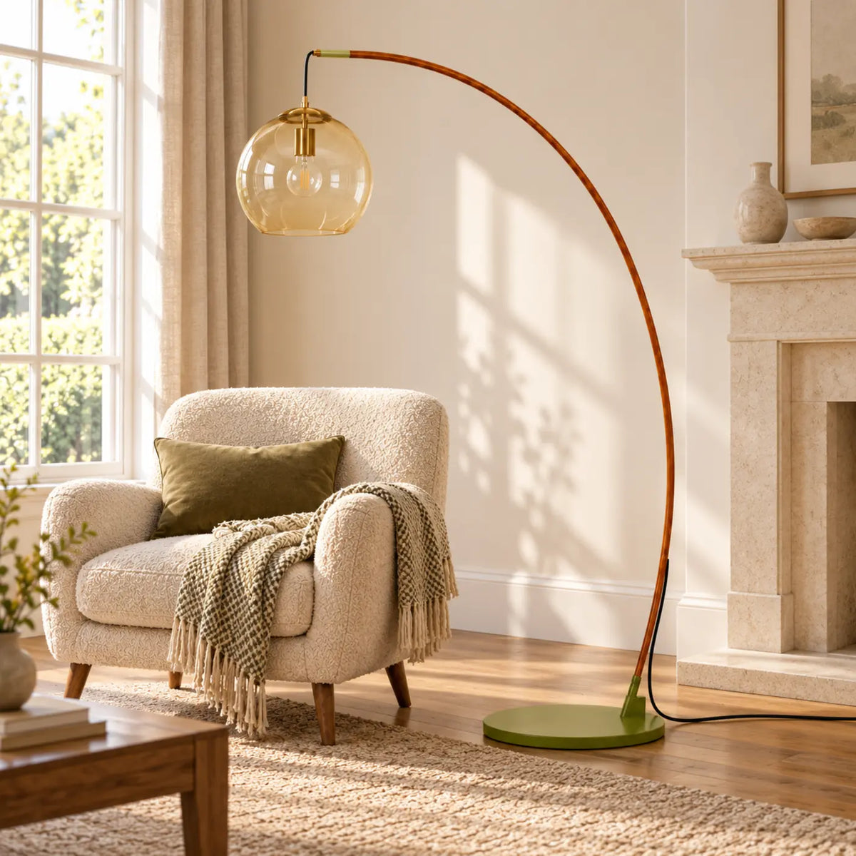 Amber glass globe floor lamp beside a fireplace seating area