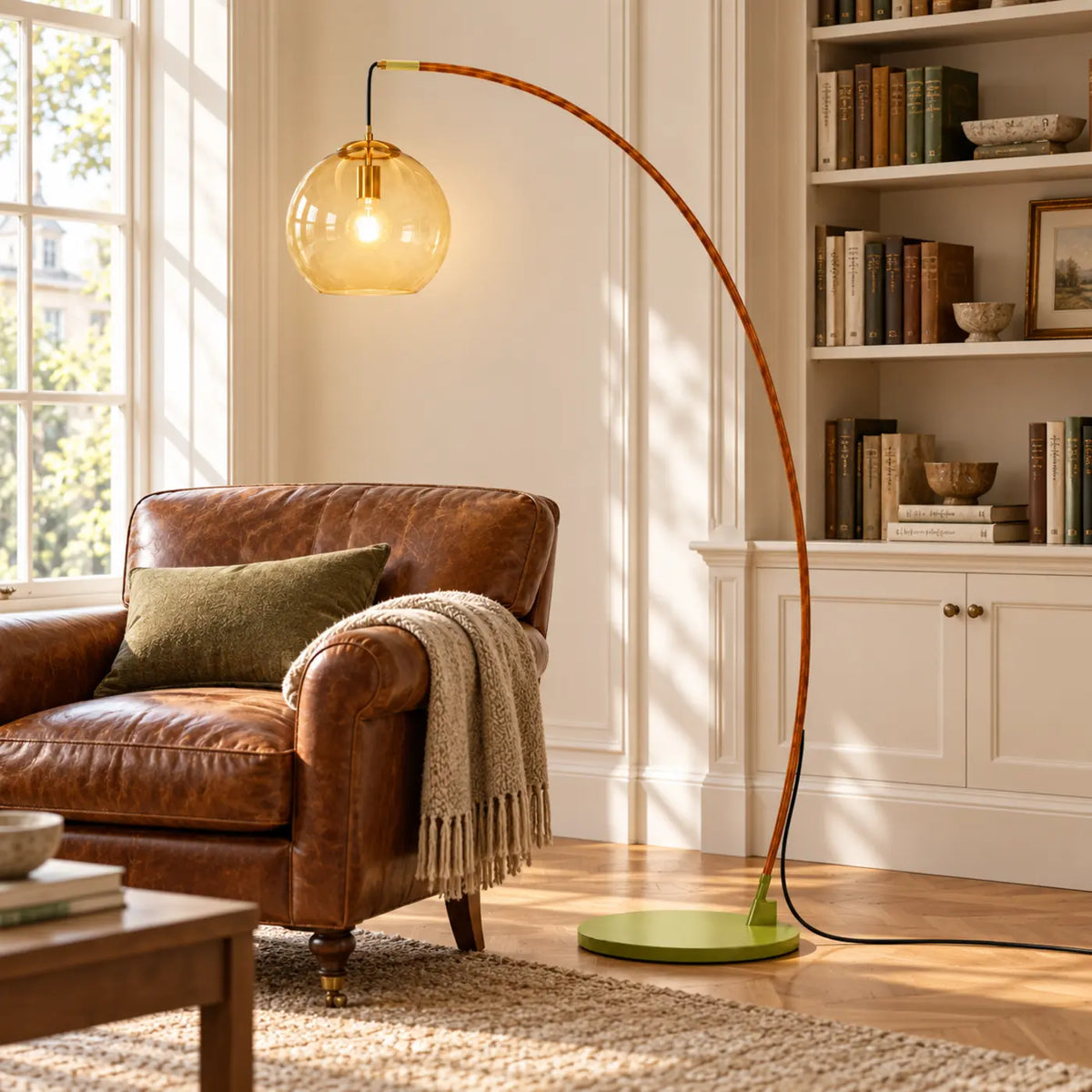 Arc reading lamp with amber glass shade beside bookshelves
