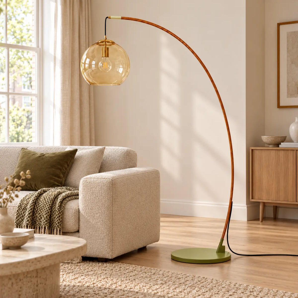 Amber globe floor lamp beside a neutral living room sofa