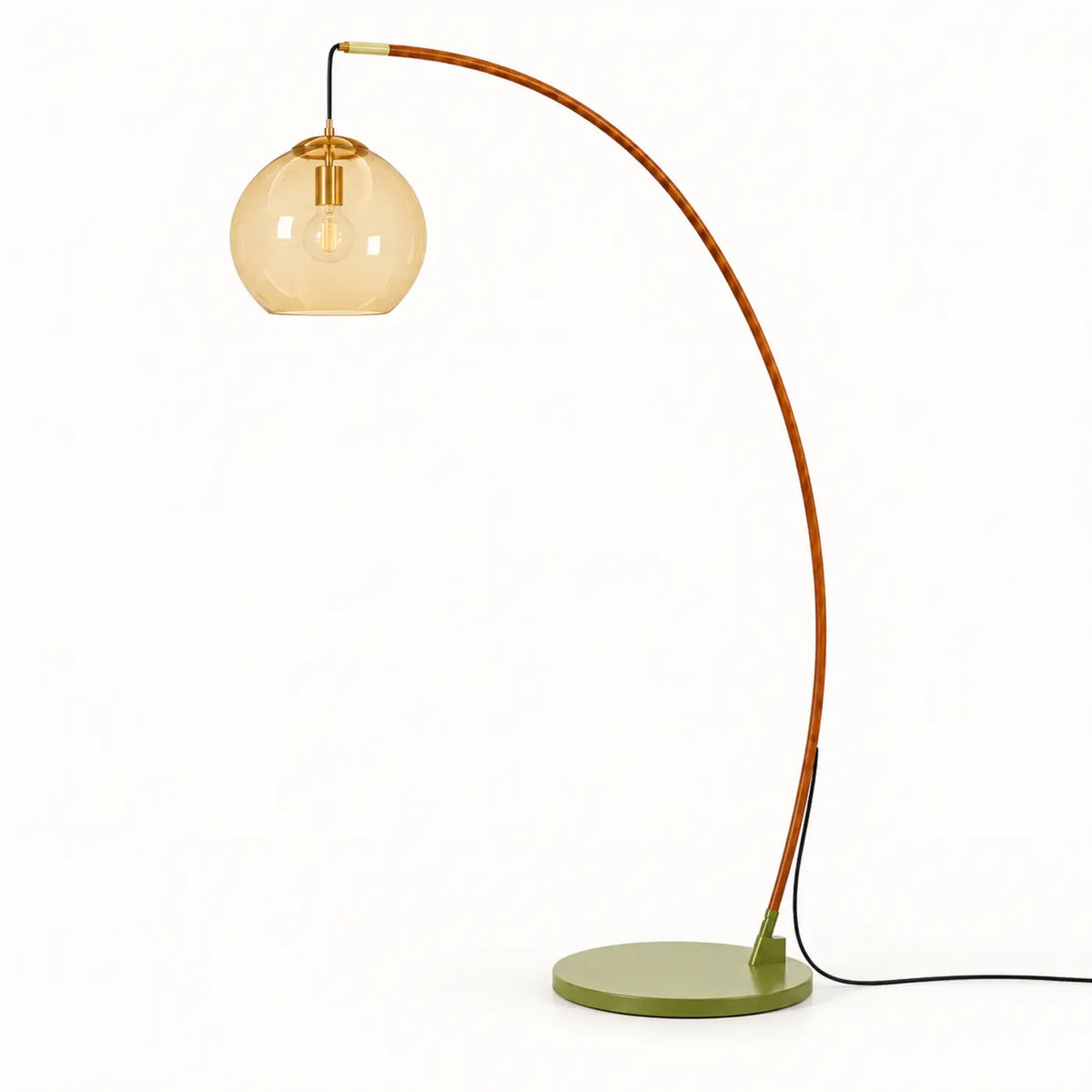 Style A modern arc floor lamp with amber glass globe and green base