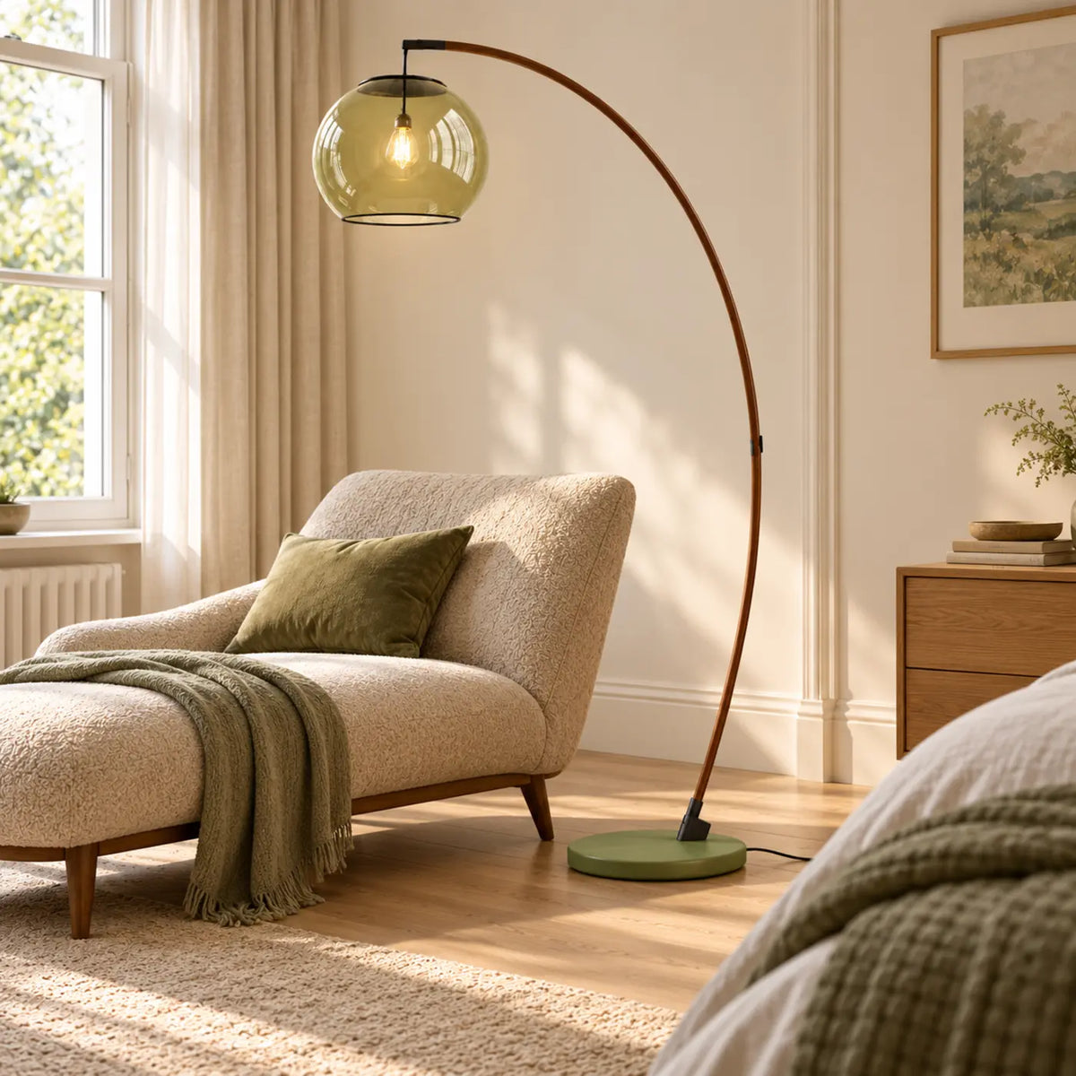 Modern green floor lamp in a softly styled bedroom corner