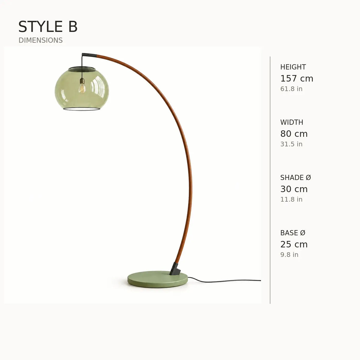 Style B arc floor lamp dimensions in centimetres and inches