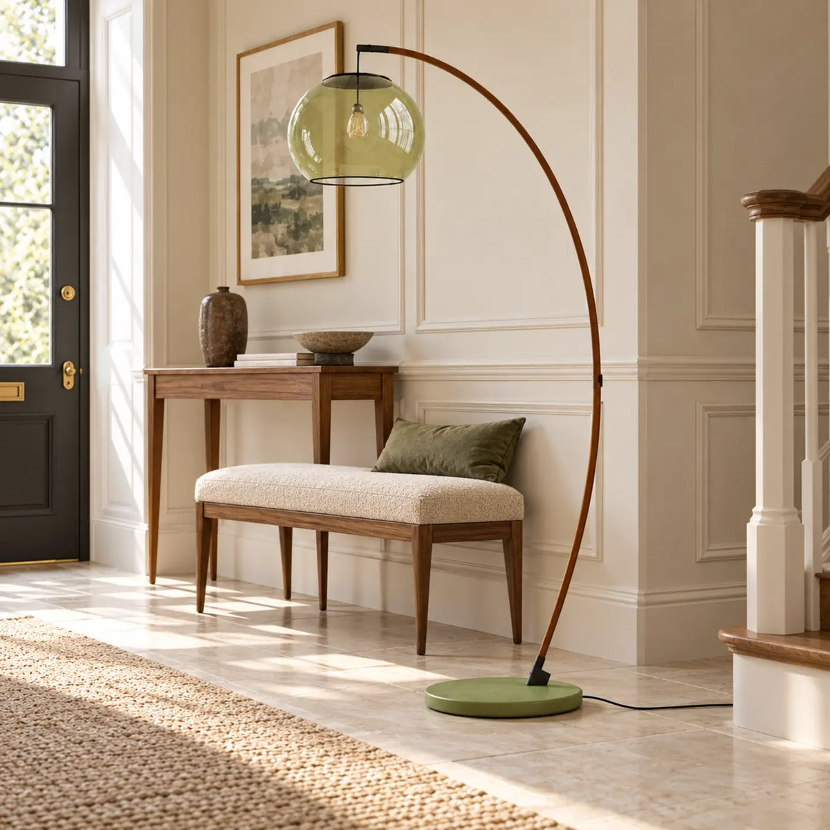Green glass arc floor lamp in a refined entrance sitting area