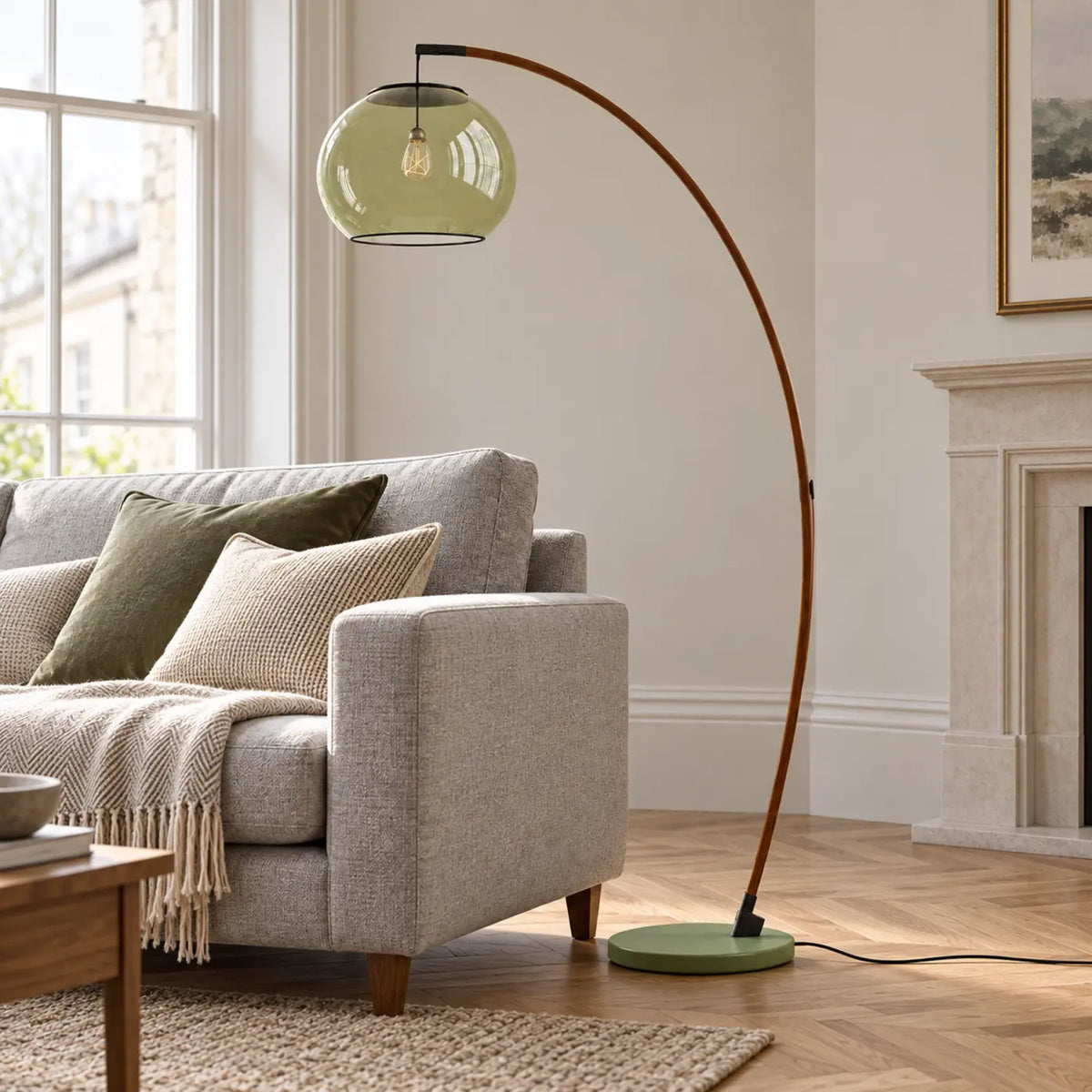Green globe floor lamp in a modern British living room