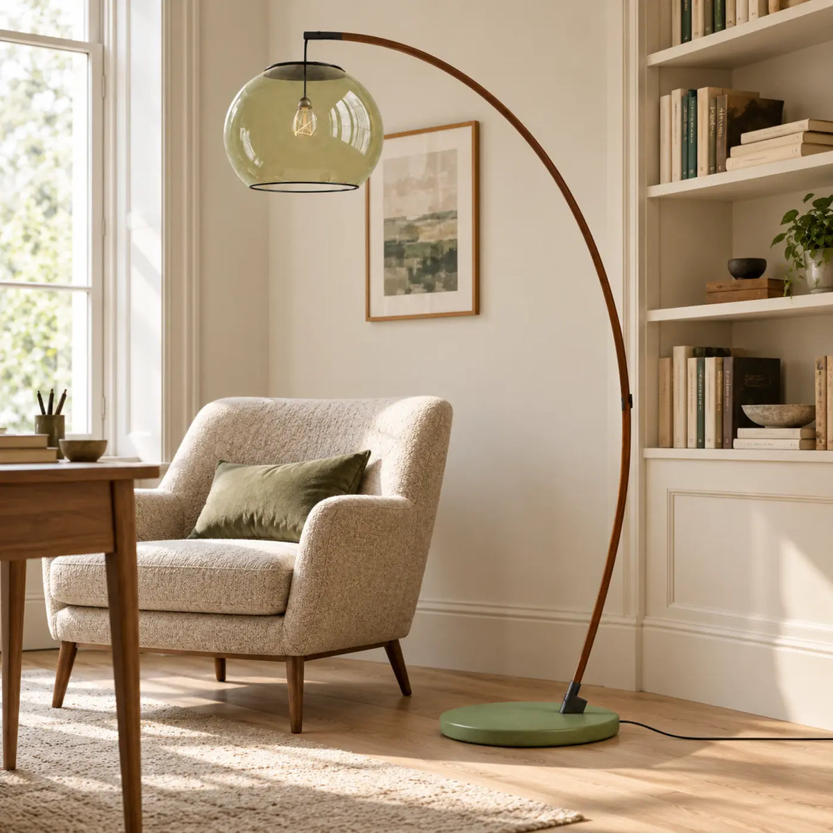 Green glass arc floor lamp in a refined home study