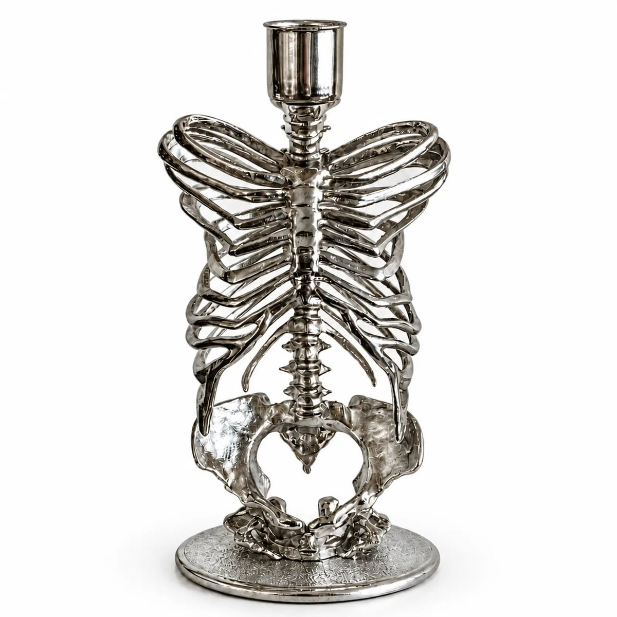 Antique silver skeleton candle holder on white background