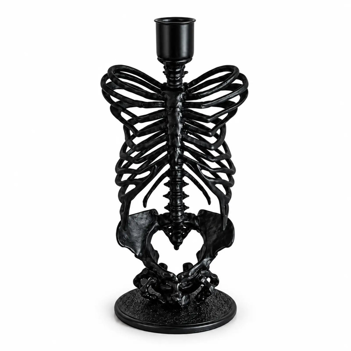 Matte black skeleton candle holder on white background