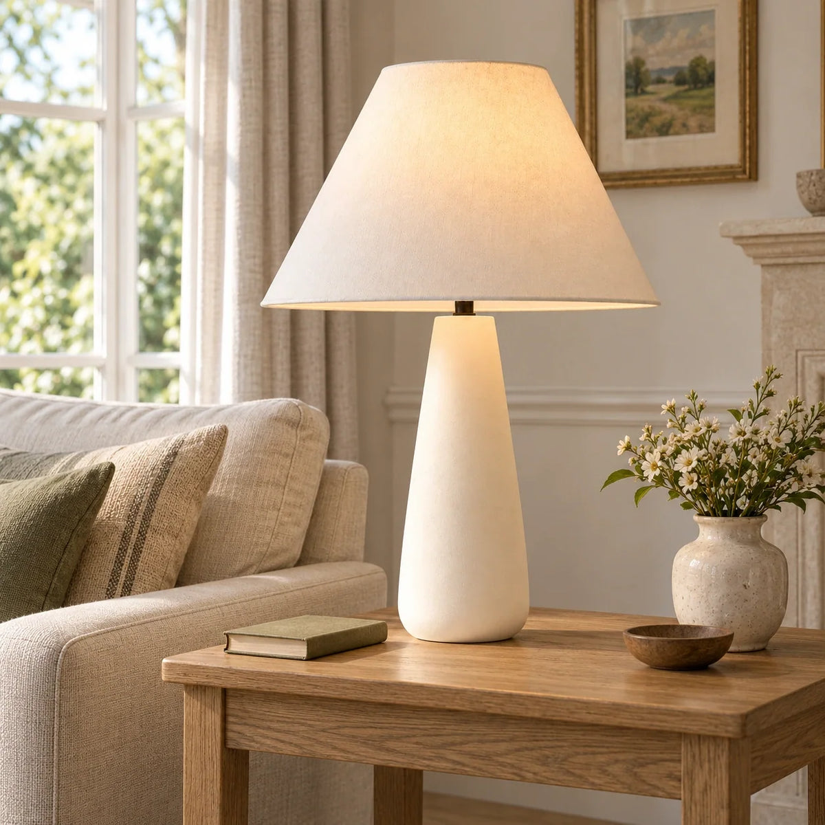 Concrete white tapered table lamp on an oak living room side table