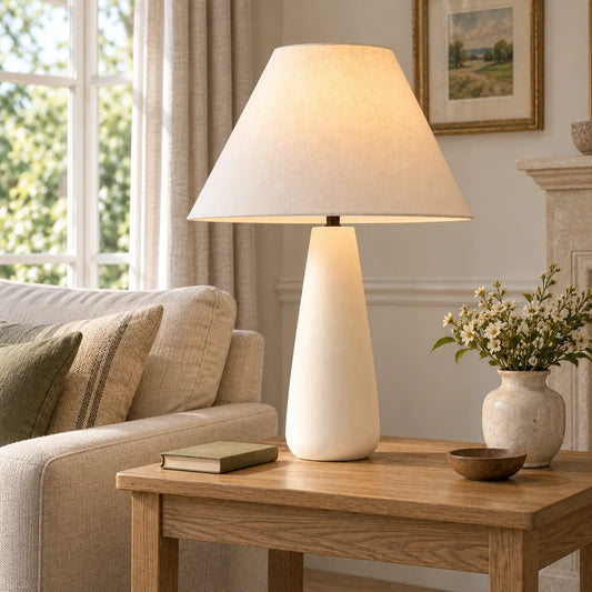 Concrete white tapered table lamp on an oak living room side table