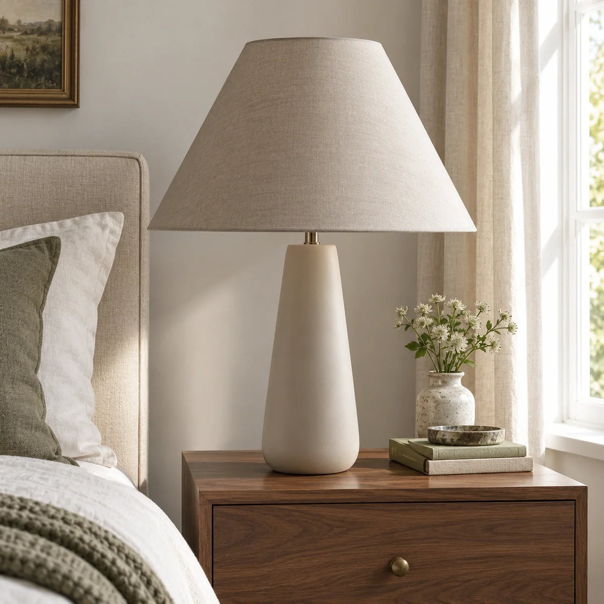 Concrete grey tapered table lamp beside a neutral bed