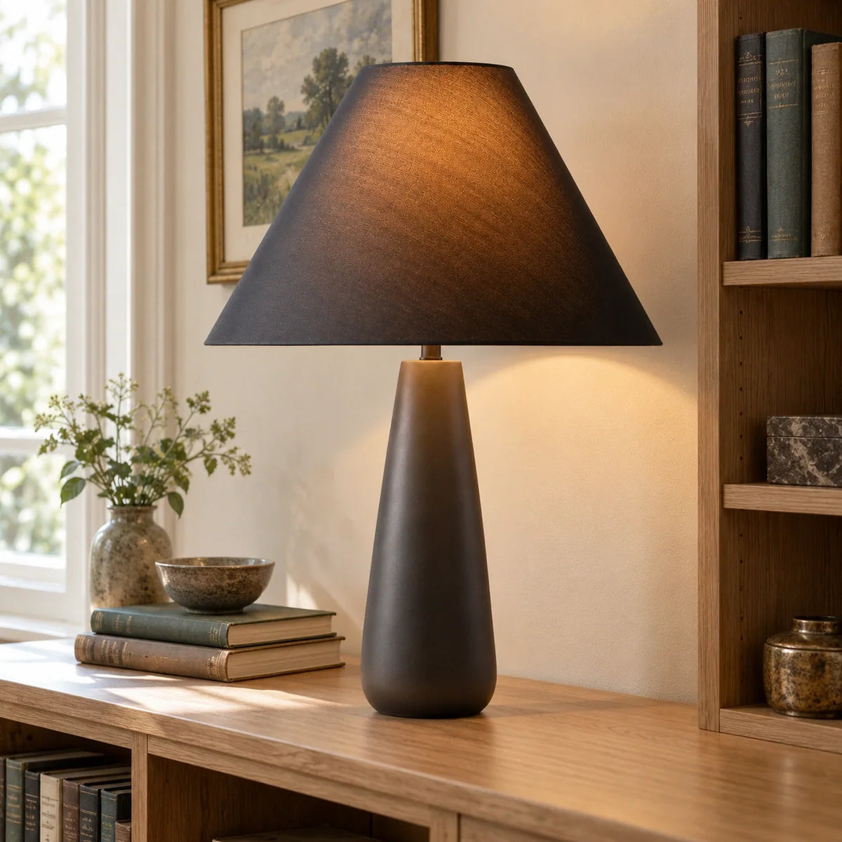 Concrete black tapered table lamp in a study