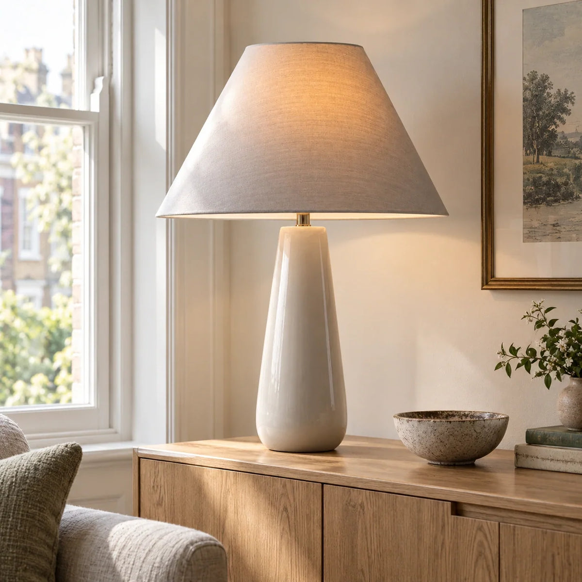 Ceramic grey tapered table lamp on a living room sideboard