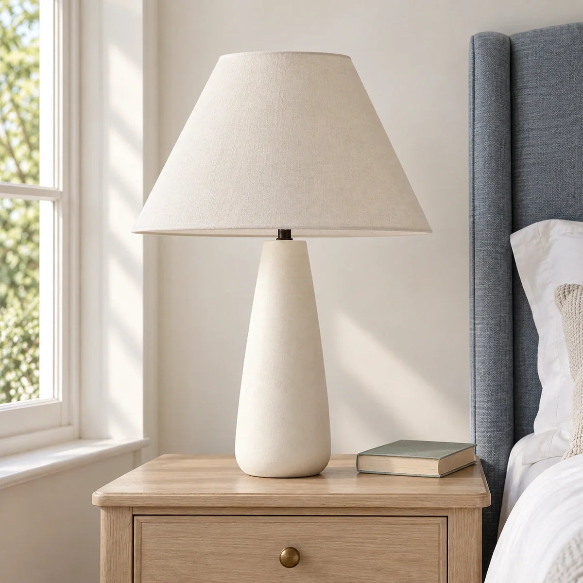 Concrete white tapered table lamp in a guest bedroom