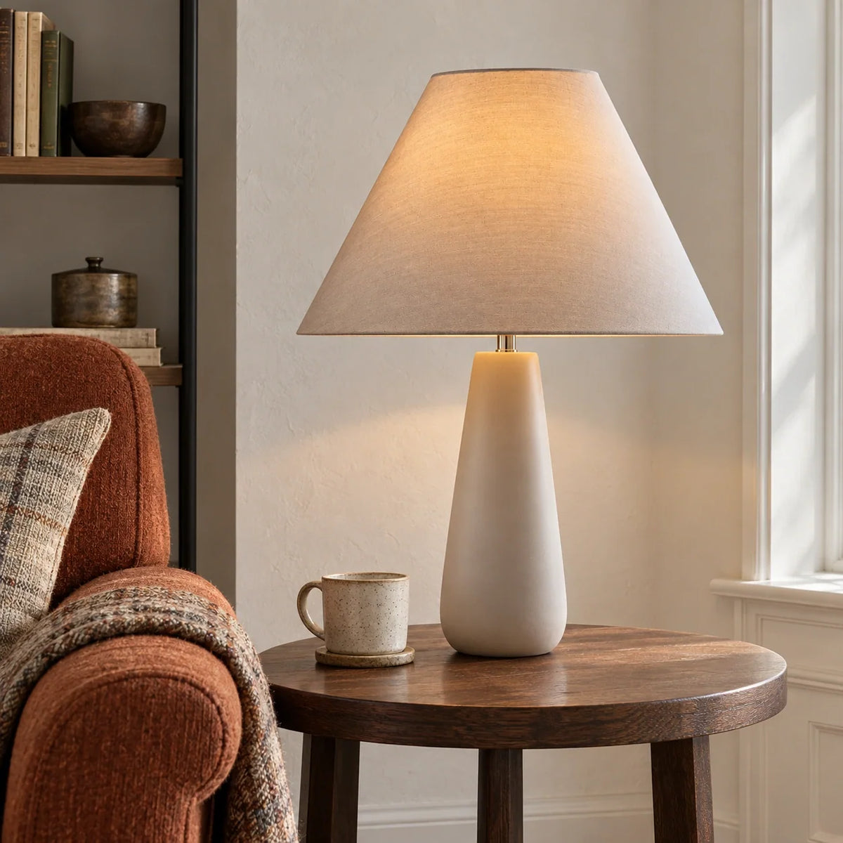 Concrete grey tapered table lamp in a reading nook